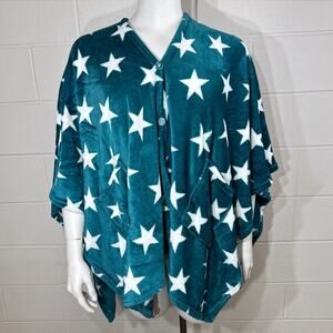 Warm & Cozy Oversized Fleece Wearable Blanket Poncho Teal Stars